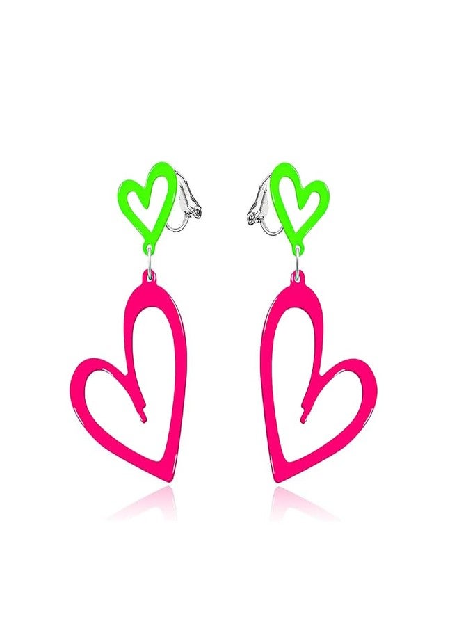 Modpide 80s Neon Clip on Earrings for Women Double Hollow Heart Punk Retro Earrings 80s Outfit Accessories (Rose Red) - Image 1